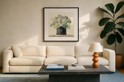 Tulips in Hatbox Shiplap by Danhui Nai. Displayed in a glass frame with matte in a clean modern living room. Available as an archival giclee rolled canvas, fine art paper, or poster print. SKU 44818a.