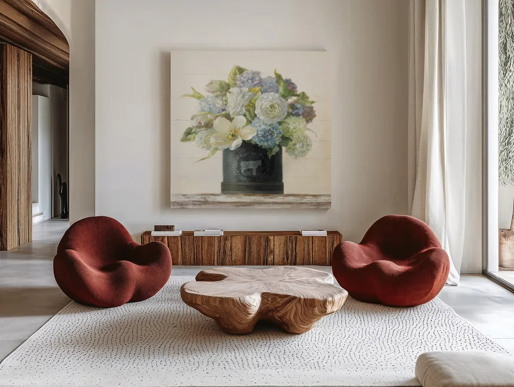 Tulips in Hatbox Shiplap by Danhui Nai. Shown as extra-large giant wall art in a modern living room. Available as an archival giclee rolled canvas, fine art paper, or poster print. SKU 44818a.
