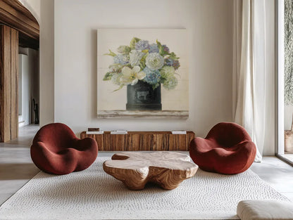 Tulips in Hatbox Shiplap by Danhui Nai. Shown as extra-large giant wall art in a modern living room. Available as an archival giclee rolled canvas, fine art paper, or poster print. SKU 44818a.