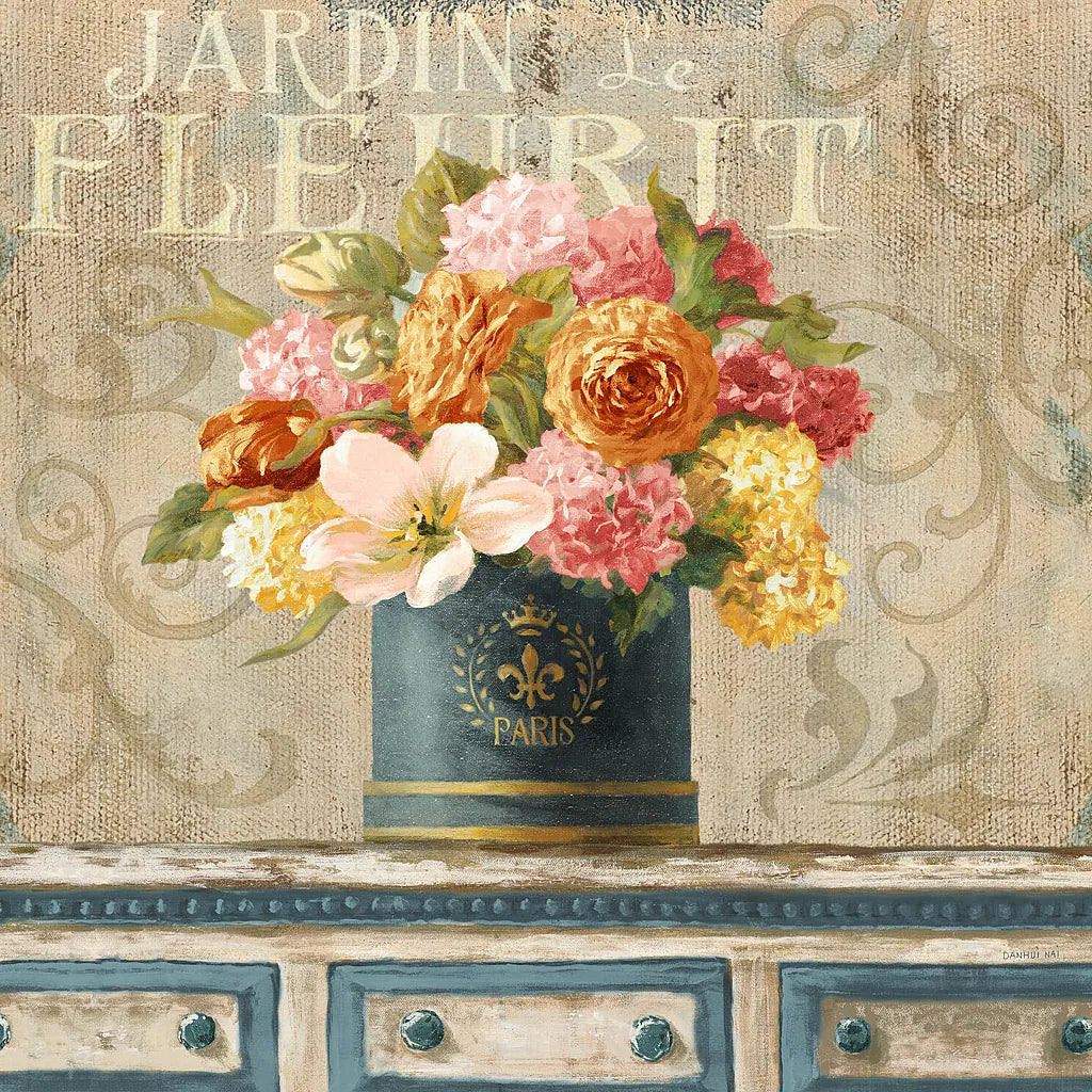 Tulips in Teal and Gold Hatbox by Danhui Nai. SKU 25845a. Archival Giclee Fine art print for wall decor.