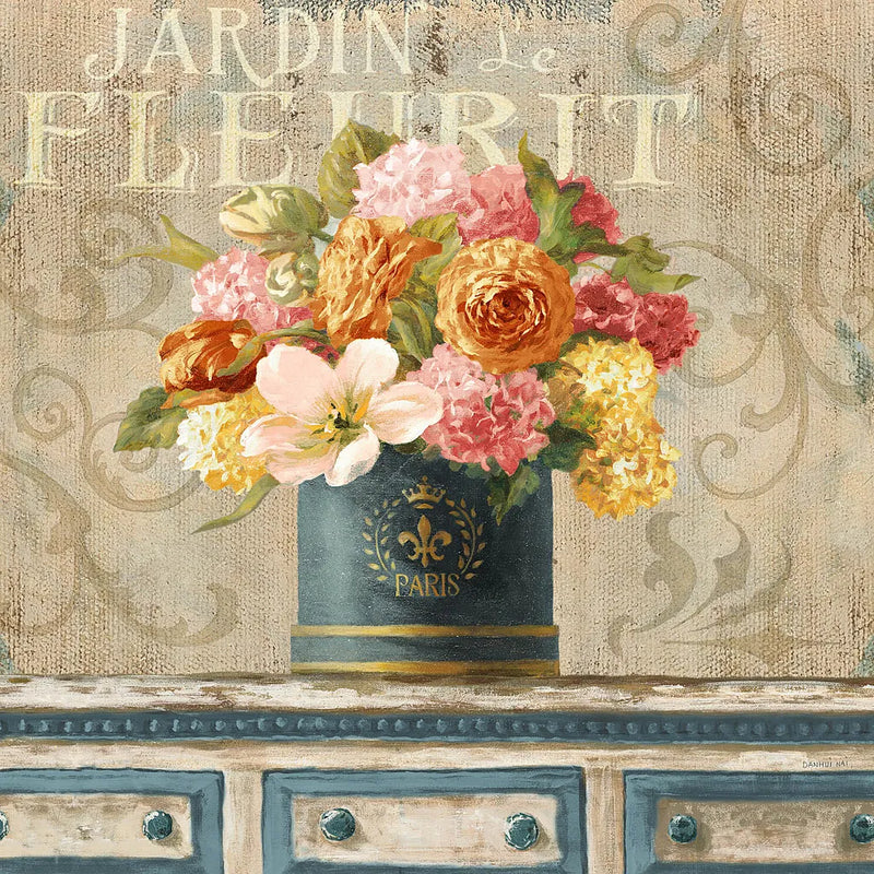 Tulips in Teal and Gold Hatbox by Danhui Nai. SKU 25845a. Archival Giclee Fine art print for wall decor.