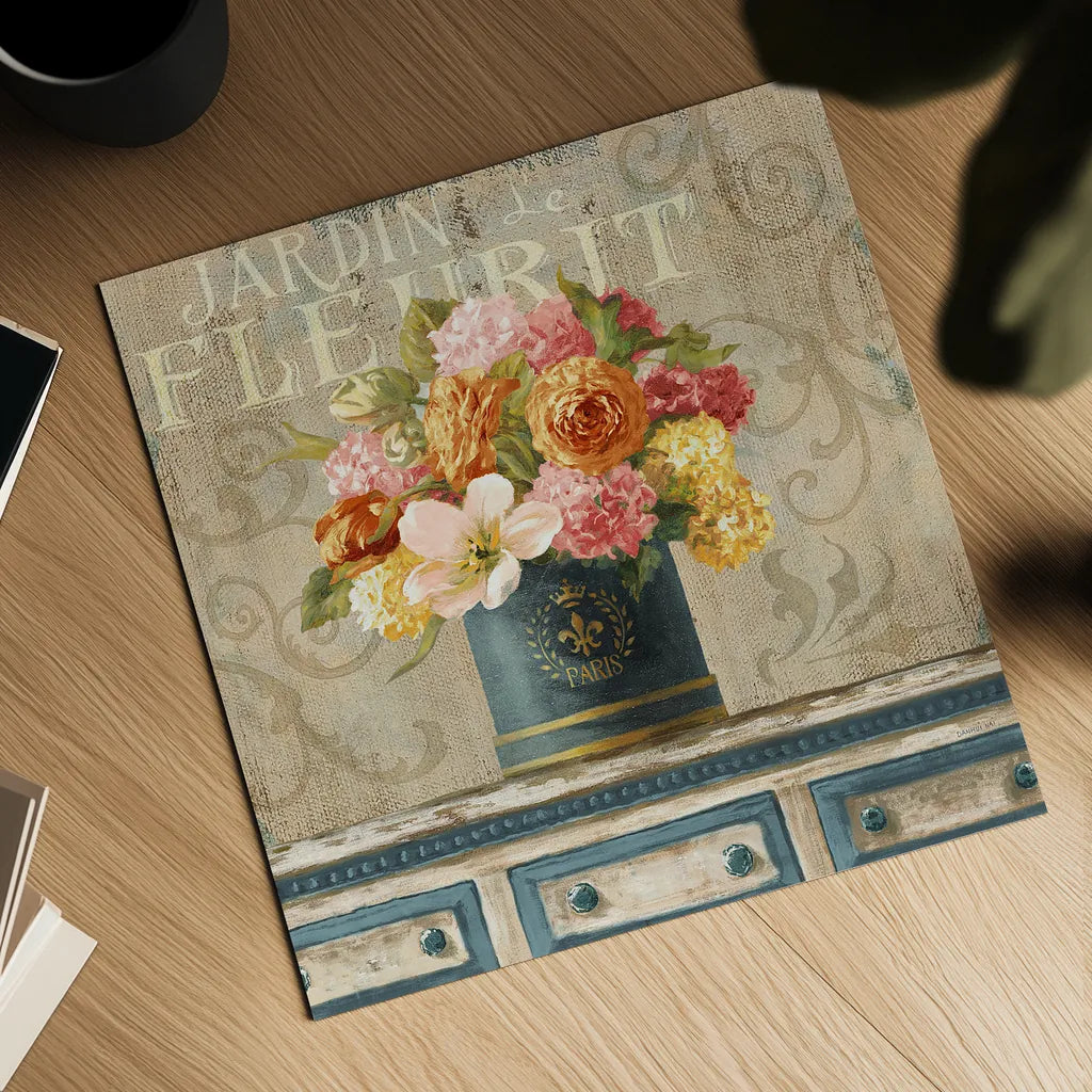 Tulips in Teal and Gold Hatbox by Danhui Nai. Shown as a detailed flat fine art print, highlighting archival giclee quality. Available as an archival giclee rolled canvas, fine art paper, or poster print. SKU 25845a.