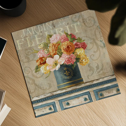 Tulips in Teal and Gold Hatbox by Danhui Nai. Shown as a detailed flat fine art print, highlighting archival giclee quality. Available as an archival giclee rolled canvas, fine art paper, or poster print. SKU 25845a.