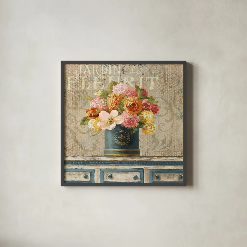 Tulips in Teal and Gold Hatbox by Danhui Nai. Shown in a sleek black glass frame for a contemporary gallery look. Available as an archival giclee rolled canvas, fine art paper, or poster print. SKU 25845a.