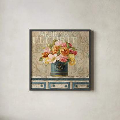 Tulips in Teal and Gold Hatbox by Danhui Nai. Shown in a sleek black glass frame for a contemporary gallery look. Available as an archival giclee rolled canvas, fine art paper, or poster print. SKU 25845a.