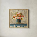 Tulips in Teal and Gold Hatbox by Danhui Nai. Shown in a natural wood glass frame for a timeless modern aesthetic. Available as an archival giclee rolled canvas, fine art paper, or poster print. SKU 25845a.