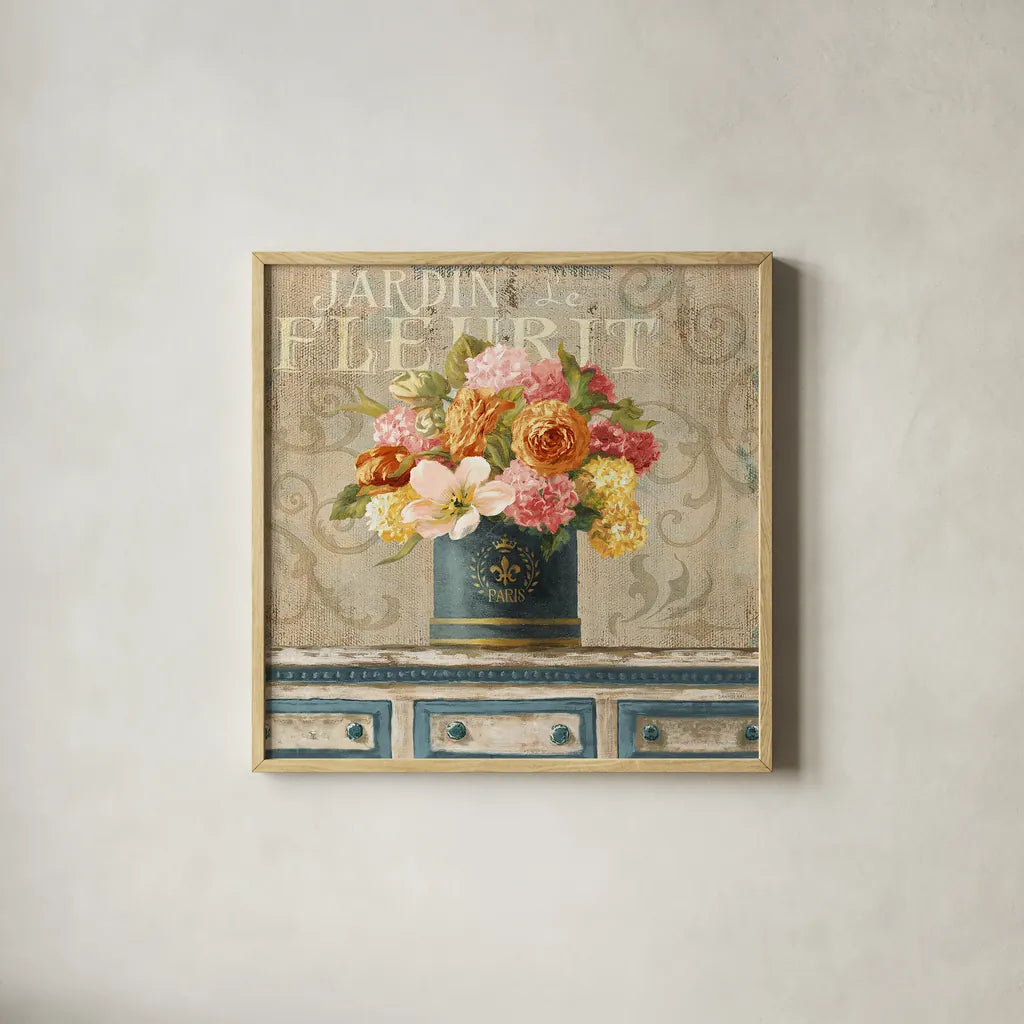 Tulips in Teal and Gold Hatbox by Danhui Nai. Shown in a natural wood glass frame for a timeless modern aesthetic. Available as an archival giclee rolled canvas, fine art paper, or poster print. SKU 25845a.