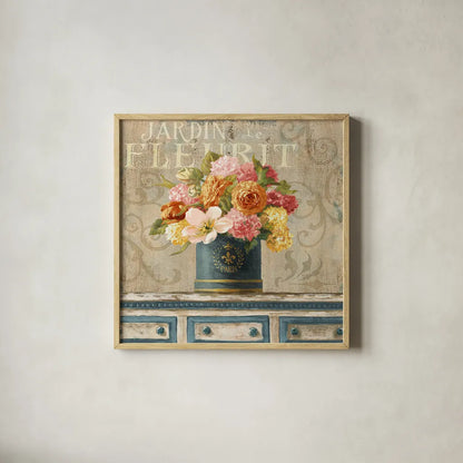Tulips in Teal and Gold Hatbox by Danhui Nai. Shown in a natural wood glass frame for a timeless modern aesthetic. Available as an archival giclee rolled canvas, fine art paper, or poster print. SKU 25845a.