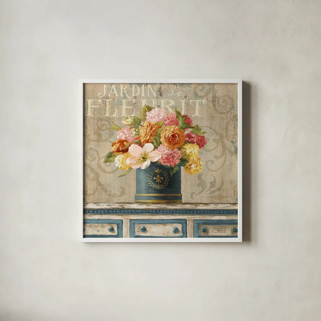 Tulips in Teal and Gold Hatbox by Danhui Nai. Shown in a crisp white glass frame for a clean and minimalist style. Available as an archival giclee rolled canvas, fine art paper, or poster print. SKU 25845a.