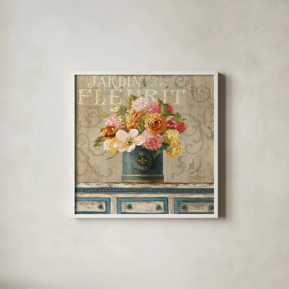Tulips in Teal and Gold Hatbox by Danhui Nai. Shown in a crisp white glass frame for a clean and minimalist style. Available as an archival giclee rolled canvas, fine art paper, or poster print. SKU 25845a.