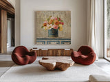 Tulips in Teal and Gold Hatbox by Danhui Nai. Shown as extra-large giant wall art in a modern living room. Available as an archival giclee rolled canvas, fine art paper, or poster print. SKU 25845a.