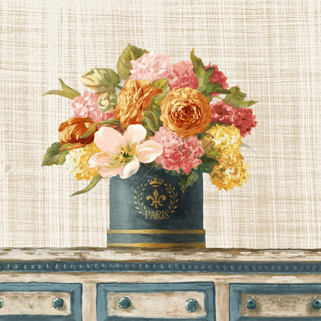 Tulips in Teal and Gold Hatbox on Linen by Danhui Nai. SKU 30987a. Archival Giclee Fine art print for wall decor.