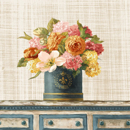 Tulips in Teal and Gold Hatbox on Linen by Danhui Nai. SKU 30987a. Archival Giclee Fine art print for wall decor.