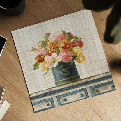 Tulips in Teal and Gold Hatbox on Linen by Danhui Nai. Shown as a detailed flat fine art print, highlighting archival giclee quality. Available as an archival giclee rolled canvas, fine art paper, or poster print. SKU 30987a.