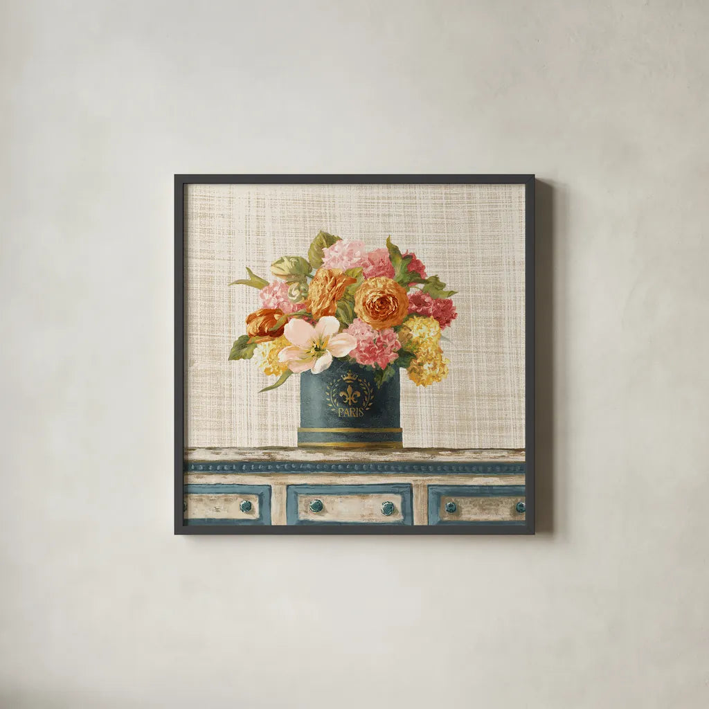 Tulips in Teal and Gold Hatbox on Linen by Danhui Nai. Shown in a sleek black glass frame for a contemporary gallery look. Available as an archival giclee rolled canvas, fine art paper, or poster print. SKU 30987a.