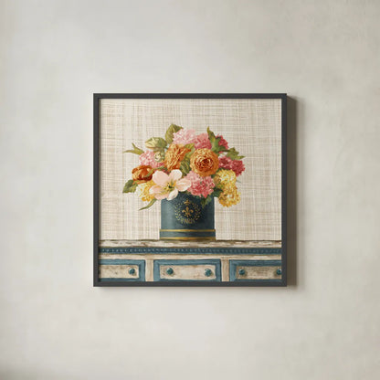 Tulips in Teal and Gold Hatbox on Linen by Danhui Nai. Shown in a sleek black glass frame for a contemporary gallery look. Available as an archival giclee rolled canvas, fine art paper, or poster print. SKU 30987a.