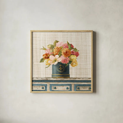 Tulips in Teal and Gold Hatbox on Linen by Danhui Nai. Shown in a natural wood glass frame for a timeless modern aesthetic. Available as an archival giclee rolled canvas, fine art paper, or poster print. SKU 30987a.