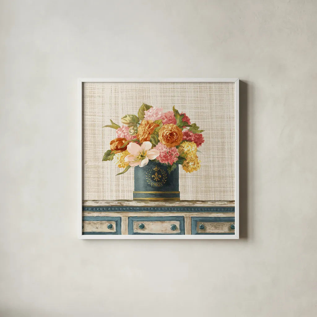 Tulips in Teal and Gold Hatbox on Linen by Danhui Nai. Shown in a crisp white glass frame for a clean and minimalist style. Available as an archival giclee rolled canvas, fine art paper, or poster print. SKU 30987a.