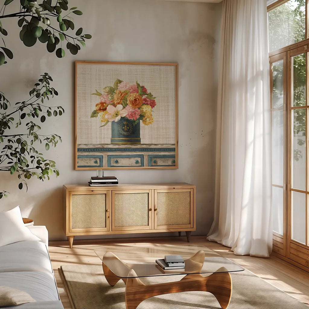 Tulips in Teal and Gold Hatbox on Linen by Danhui Nai. Shown in a natural wood frame in a cozy modern living room. Available as an archival giclee rolled canvas, fine art paper, or poster print. SKU 30987a.