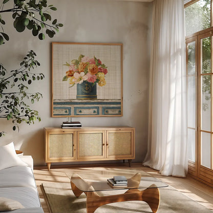 Tulips in Teal and Gold Hatbox on Linen by Danhui Nai. Shown in a natural wood frame in a cozy modern living room. Available as an archival giclee rolled canvas, fine art paper, or poster print. SKU 30987a.