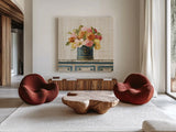 Tulips in Teal and Gold Hatbox on Linen by Danhui Nai. Shown as extra-large giant wall art in a modern living room. Available as an archival giclee rolled canvas, fine art paper, or poster print. SKU 30987a.