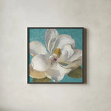 Turquoise Bloom I by Danhui Nai. Shown in a sleek black glass frame for a contemporary gallery look. Available as an archival giclee rolled canvas, fine art paper, or poster print. SKU 2061a.