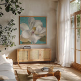 Turquoise Bloom I by Danhui Nai. Shown in a natural wood frame in a cozy modern living room. Available as an archival giclee rolled canvas, fine art paper, or poster print. SKU 2061a.