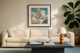 Turquoise Bloom I by Danhui Nai. Displayed in a glass frame with matte in a clean modern living room. Available as an archival giclee rolled canvas, fine art paper, or poster print. SKU 2061a.