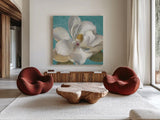 Turquoise Bloom I by Danhui Nai. Shown as extra-large giant wall art in a modern living room. Available as an archival giclee rolled canvas, fine art paper, or poster print. SKU 2061a.