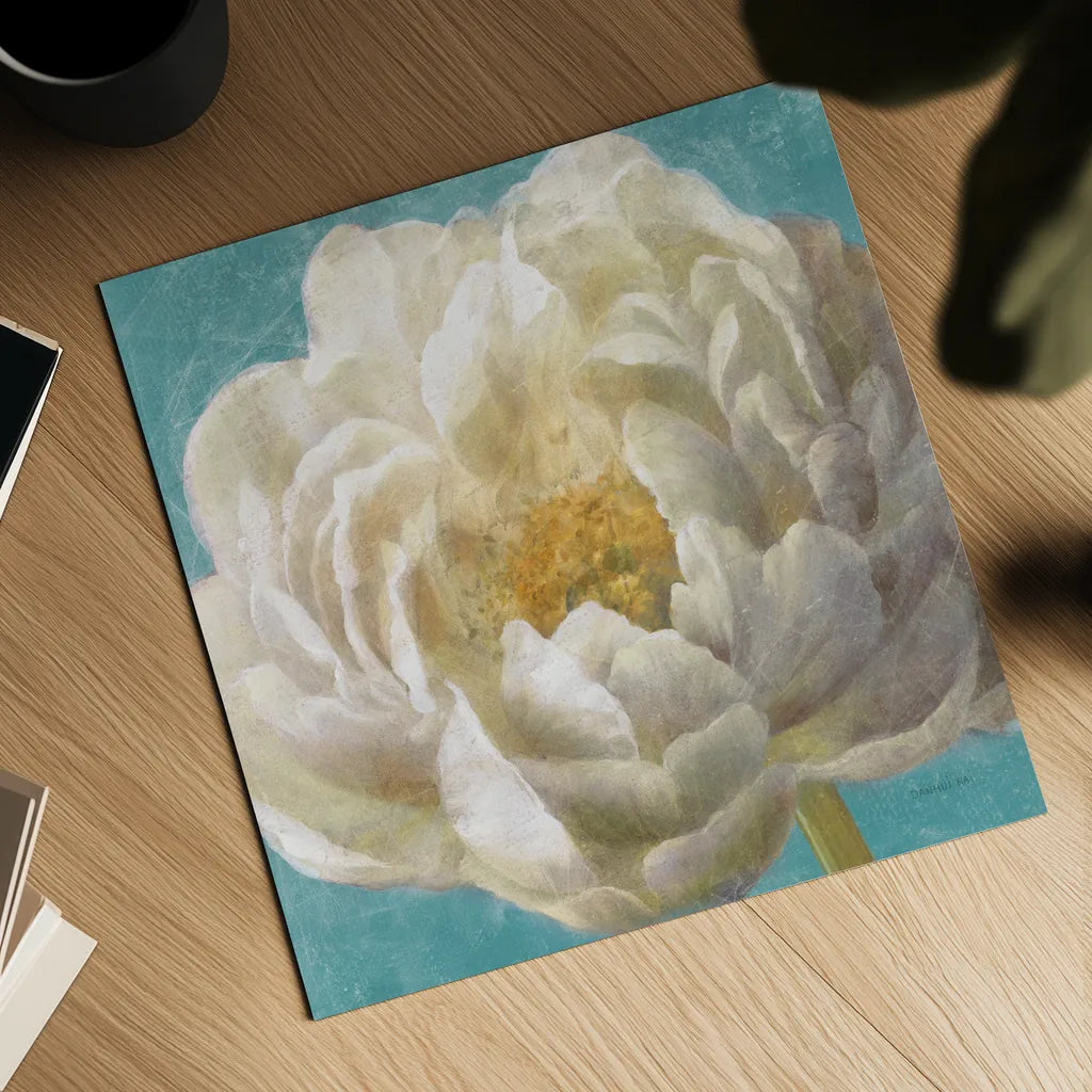 Turquoise Bloom II by Danhui Nai. Shown as a detailed flat fine art print, highlighting archival giclee quality. Available as an archival giclee rolled canvas, fine art paper, or poster print. SKU 2060a.