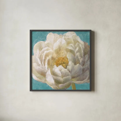 Turquoise Bloom II by Danhui Nai. Shown in a sleek black glass frame for a contemporary gallery look. Available as an archival giclee rolled canvas, fine art paper, or poster print. SKU 2060a.
