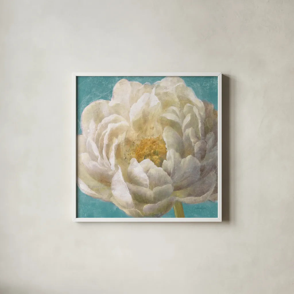 Turquoise Bloom II by Danhui Nai. Shown in a crisp white glass frame for a clean and minimalist style. Available as an archival giclee rolled canvas, fine art paper, or poster print. SKU 2060a.