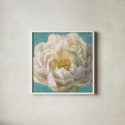 Turquoise Bloom II by Danhui Nai. Shown in a crisp white glass frame for a clean and minimalist style. Available as an archival giclee rolled canvas, fine art paper, or poster print. SKU 2060a.