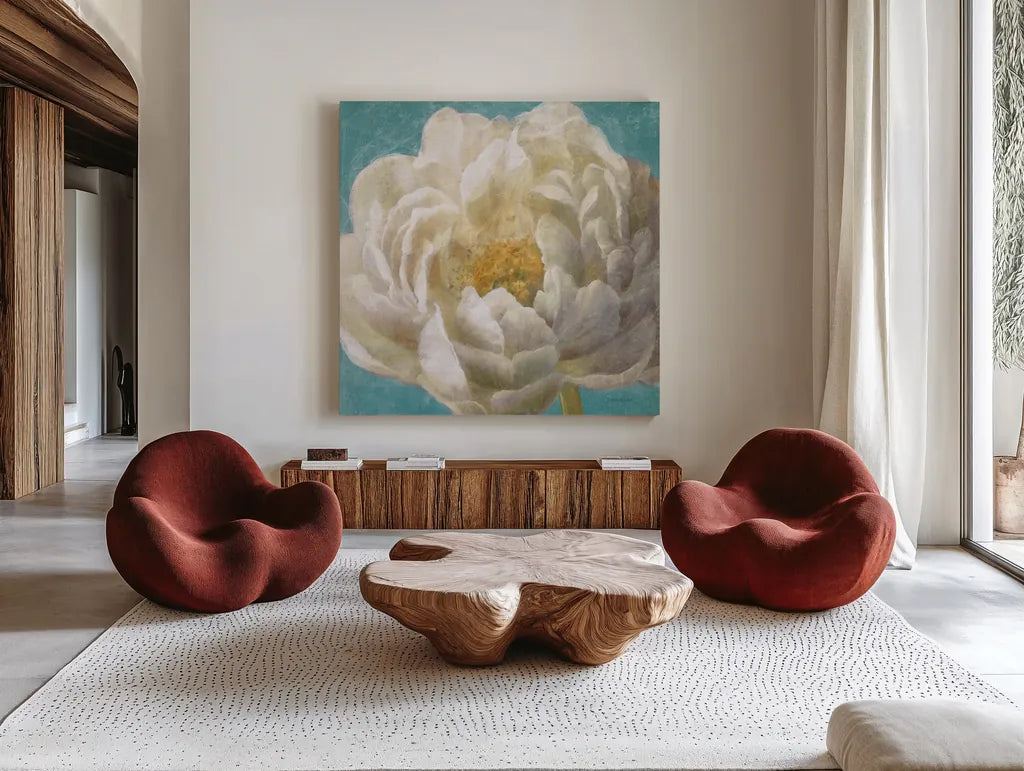 Turquoise Bloom II by Danhui Nai. Shown as extra-large giant wall art in a modern living room. Available as an archival giclee rolled canvas, fine art paper, or poster print. SKU 2060a.