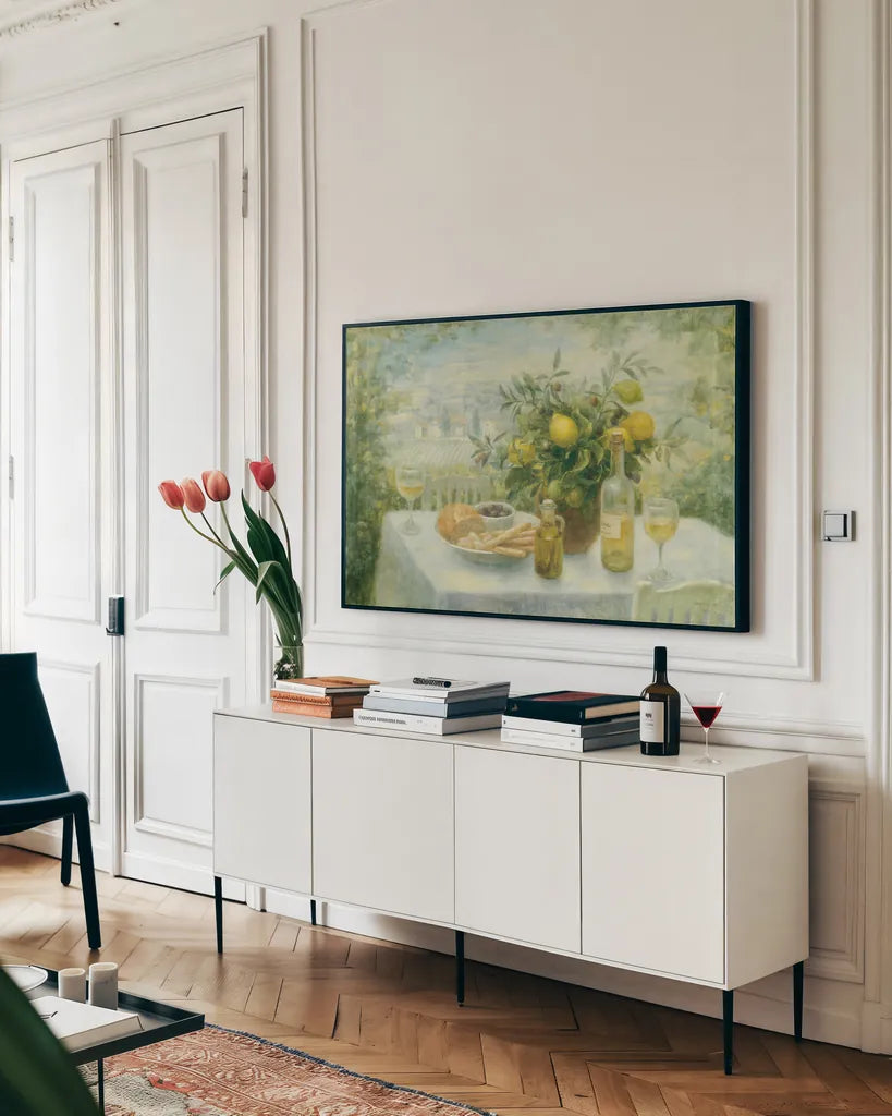 Tuscan Table by Danhui Nai. shown as a framed stretched canvas in a living room above a console. Available as a archival giclee rolled canvas, fine art paper, or poster print. SKU 5148i.