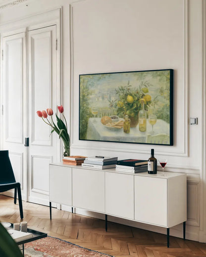 Tuscan Table by Danhui Nai. shown as a framed stretched canvas in a living room above a console. Available as a archival giclee rolled canvas, fine art paper, or poster print. SKU 5148i.