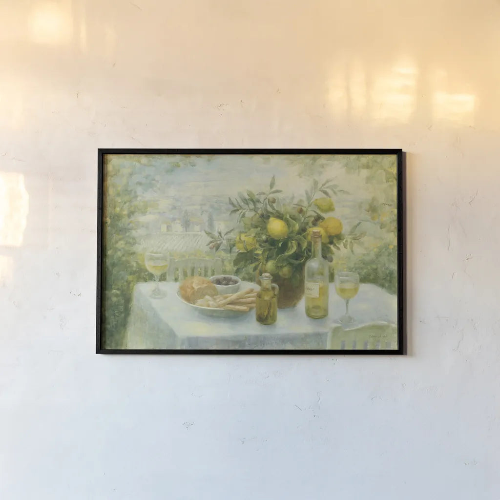 Tuscan Table by Danhui Nai. shown as a paper print in a black flame. Available as a archival giclee rolled canvas, fine art paper, or poster print. SKU 5148i.