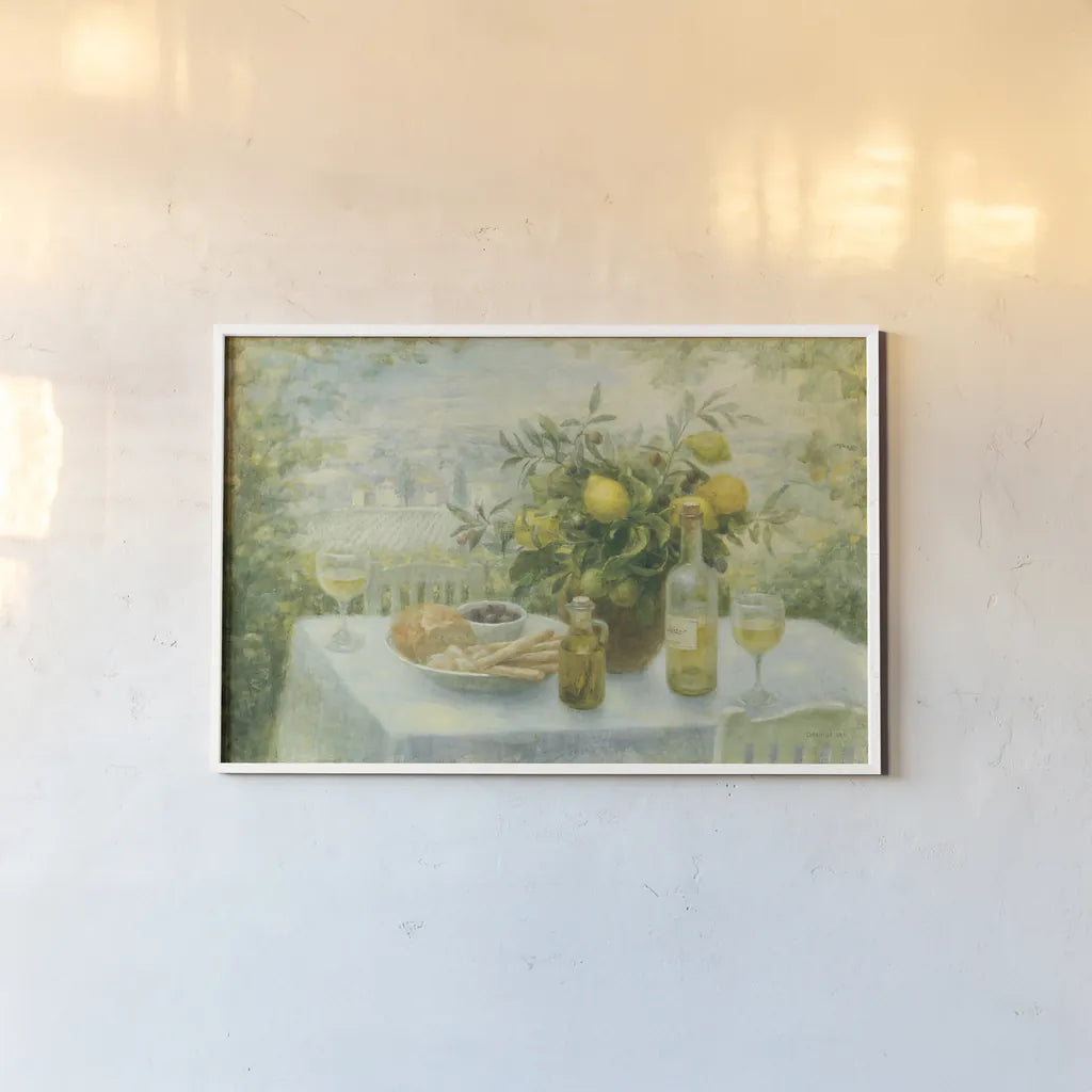 Tuscan Table by Danhui Nai. shown as a paper print in a white frame. Available as a archival giclee rolled canvas, fine art paper, or poster print. SKU 5148i.