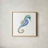Undersea Seahorse by Danhui Nai. Shown in a natural wood glass frame for a timeless modern aesthetic. Available as an archival giclee rolled canvas, fine art paper, or poster print. SKU 83138a.