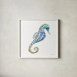 Undersea Seahorse by Danhui Nai. Shown in a crisp white glass frame for a clean and minimalist style. Available as an archival giclee rolled canvas, fine art paper, or poster print. SKU 83138a.
