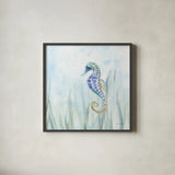 Undersea Seahorse Swimming by Danhui Nai. Shown in a sleek black glass frame for a contemporary gallery look. Available as an archival giclee rolled canvas, fine art paper, or poster print. SKU 83570a.