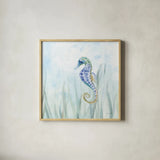 Undersea Seahorse Swimming by Danhui Nai. Shown in a natural wood glass frame for a timeless modern aesthetic. Available as an archival giclee rolled canvas, fine art paper, or poster print. SKU 83570a.
