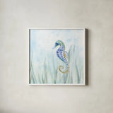 Undersea Seahorse Swimming by Danhui Nai. Shown in a crisp white glass frame for a clean and minimalist style. Available as an archival giclee rolled canvas, fine art paper, or poster print. SKU 83570a.
