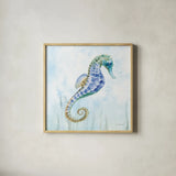 Undersea Seahorse Swimming II by Danhui Nai. Shown in a natural wood glass frame for a timeless modern aesthetic. Available as an archival giclee rolled canvas, fine art paper, or poster print. SKU 84798a.