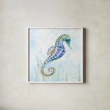 Undersea Seahorse Swimming II by Danhui Nai. Shown in a crisp white glass frame for a clean and minimalist style. Available as an archival giclee rolled canvas, fine art paper, or poster print. SKU 84798a.