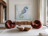 Undersea Seahorse Swimming II by Danhui Nai. Shown as extra-large giant wall art in a modern living room. Available as an archival giclee rolled canvas, fine art paper, or poster print. SKU 84798a.