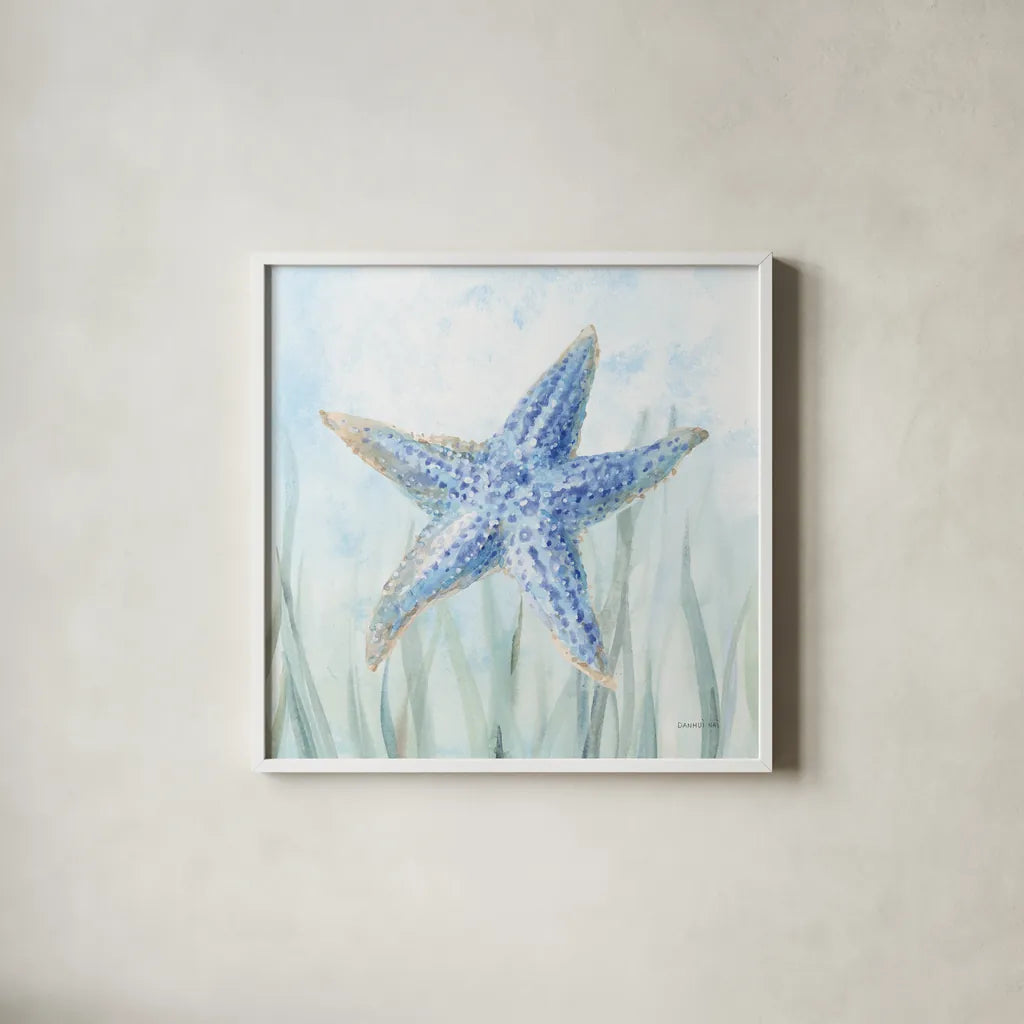 Undersea Starfish Seaweed by Danhui Nai. Shown in a crisp white glass frame for a clean and minimalist style. Available as an archival giclee rolled canvas, fine art paper, or poster print. SKU 84799a.