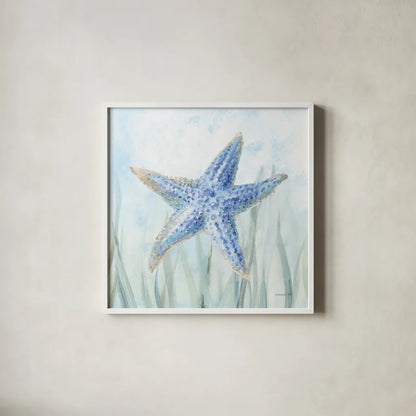 Undersea Starfish Seaweed by Danhui Nai. Shown in a crisp white glass frame for a clean and minimalist style. Available as an archival giclee rolled canvas, fine art paper, or poster print. SKU 84799a.