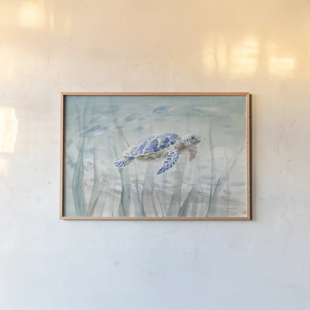Undersea Turtle by Danhui Nai. shown as a paper print in a natural frame. Available as a archival giclee rolled canvas, fine art paper, or poster print. SKU 71228i.