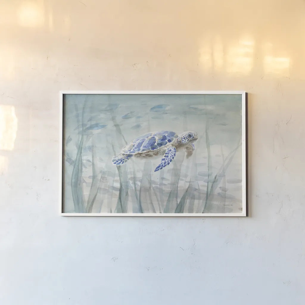 Undersea Turtle by Danhui Nai. shown as a paper print in a white frame. Available as a archival giclee rolled canvas, fine art paper, or poster print. SKU 71228i.